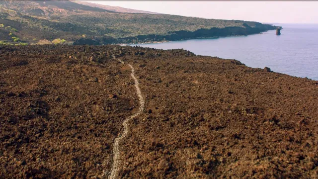 Aerial photograph of trail through lava along the Hawaiian Coast