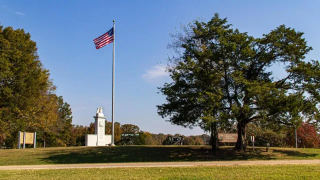 Two large trees and a flagpole flying an American flag overlooking a stone monument and cannons