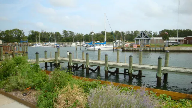A view of docks and boats in the waterside town of Cape Charles VA