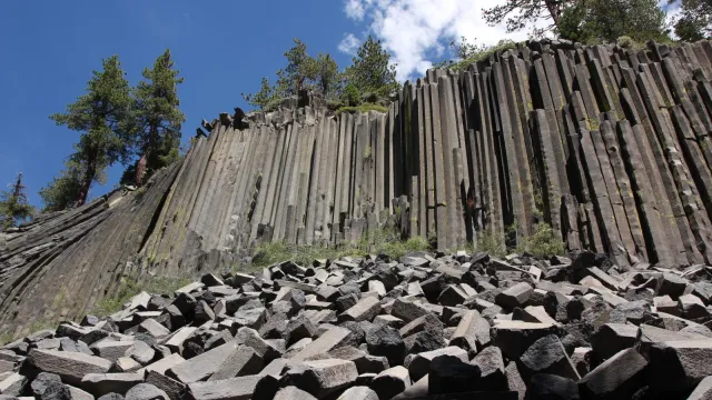 The Devils Postpile basalt formation resembles tall columns.
