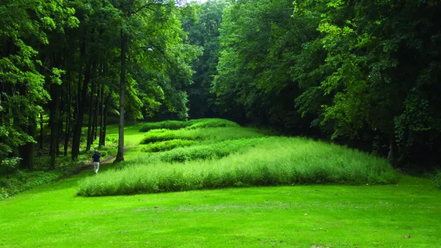 Bear Effigy Mounds with visitor walking nearby.