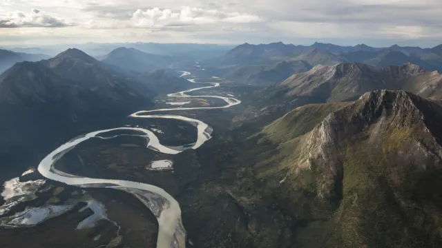 Aerial view of the Alatna River as it winds through a valley
