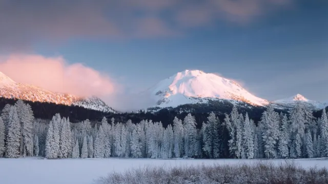 A frozen lake below snow-covered trees and peak