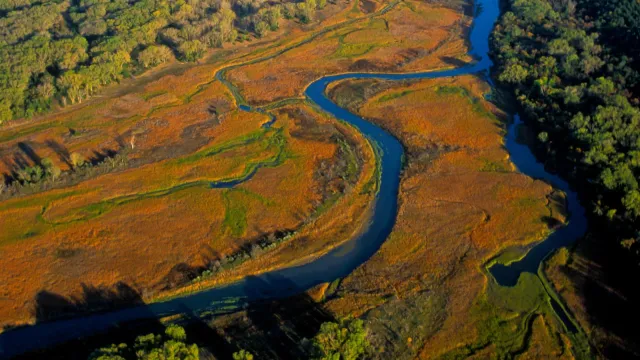 Aerial view of the Missouri River and surrounding landscape.