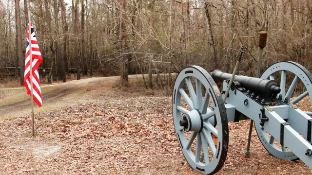 Cannon on a hill on a winter day. American flag to the left of the cannon