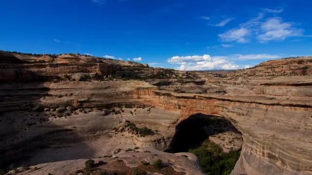 A large sandstone natural bridge with surrounding canyons and vegetation