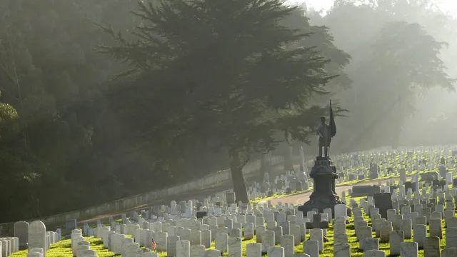 Rows of grave markers in the green grass of the cemetery as light shafts through misty trees.