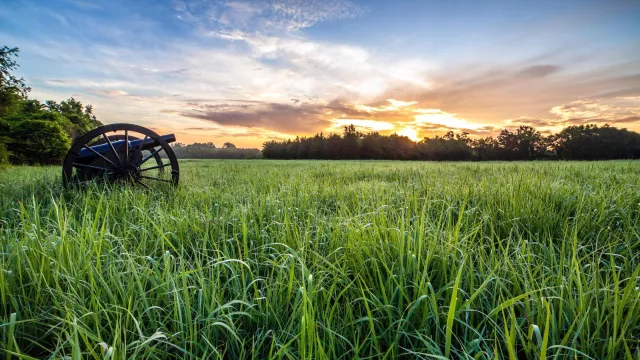 The sun rises behind a green field with a cannon in the foreground.