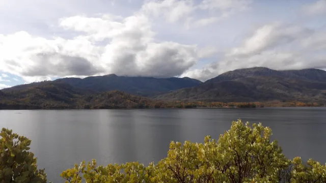 Blue-gray waters of lake with green shrub in foreground, mountains and clouds in background.
