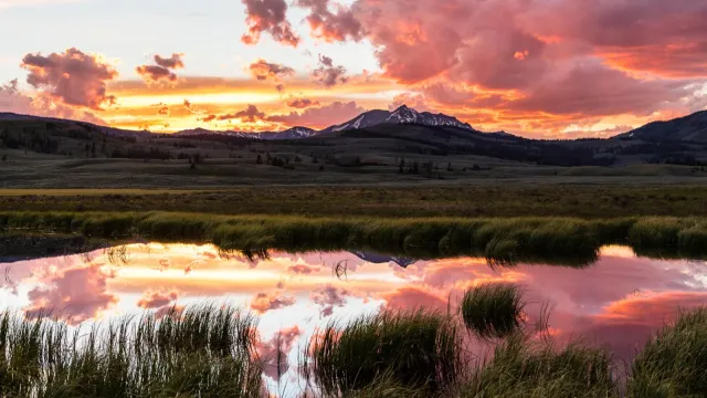 The sun sets behind the sharp point of a snow-covered mountain; pink clouds are reflected in a pond
